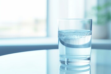 Poster - Refreshing sparkling water sits in glass on reflective table by bright window, creating serene atmosphere