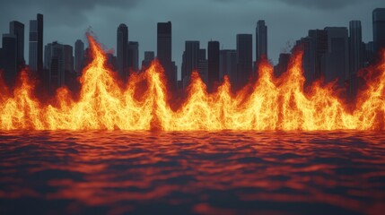 Poster - Sound Loud 3D Rendering Concept, Fiery Waves Rolling Through a City Skyline with Dramatic Clouds and Intense Brightness