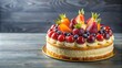 © lapeepon - Traditional cake topped with assorted fresh fruits and a small crown , dessert, celebration, pastry, bakery, sweet