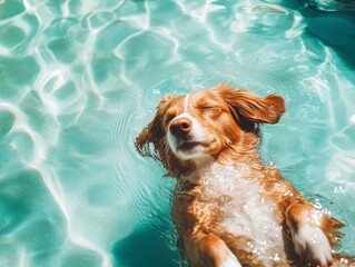 A happy dog floats in a crystal-clear pool, enjoying a sunny day, This image is ideal for pet-related content, summer activities, or promoting relaxation,