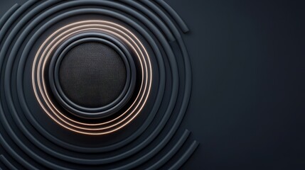 Poster - Sound Loud 3D Rendering Concept, Speaker Centered in Concentric Light Rings on a Dark Background for Artistic and Modern Design Concepts