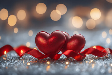 Wall Mural - Red ribbon shaped hearts on silver shiny background, Valentines card