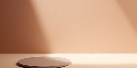 Poster - minimalist scene featuring a round platform on a beige surface, illuminated by soft light, creating a serene and elegant atmosphere.