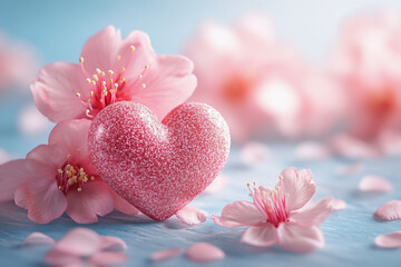 Wall Mural - Pink pastel hearts and flowers, valentine or birthday greeting card