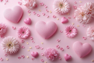 Wall Mural - Pink pastel hearts and flowers, valentine or birthday greeting card