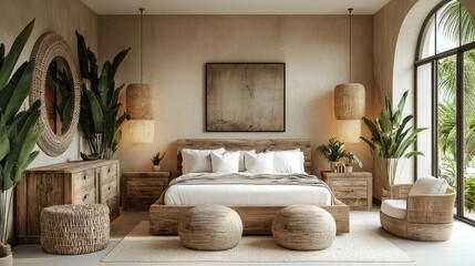 Wall Mural - A serene rustic bedroom featuring natural wood elements, neutral tones, and soft textures to provide a cozy atmosphere with a touch of elegance.