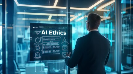 Poster - a business professional in a modern office interacting with an augmented reality screen displaying a