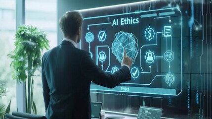 Poster - a business professional in a modern office interacting with an augmented reality screen displaying a