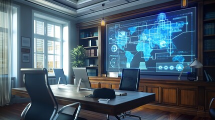 Poster - A law office featuring an augmented reality screen projecting AI ethical guidelines, legal frameworks, and responsible AI use policies.