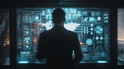 Poster - A professional reviewing AI regulation guidelines on a transparent digital screen featuring interconnected icons of ethics, standards, and responsibility.