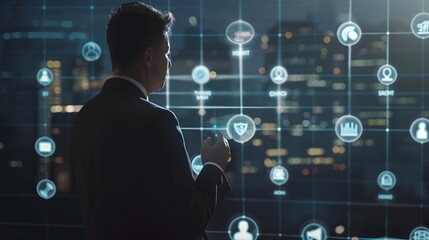 Poster - a professional reviewing ai regulation guidelines on a transparent digital screen featuring intercon