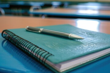 Aufkleber - School desk with a teal notebook and silver pen in a classroom setting during the day. Generative AI