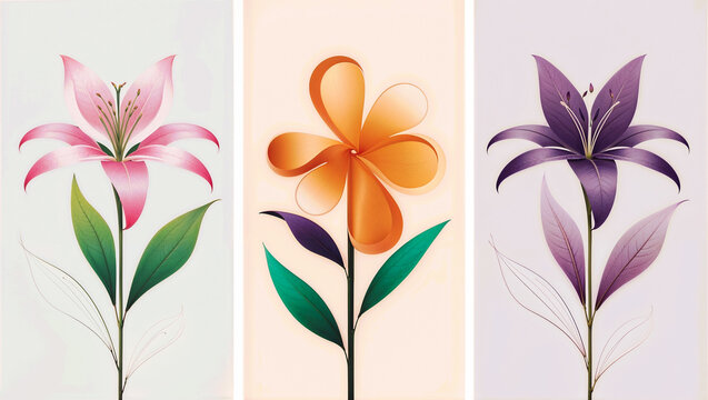 Symmetrical Elegance: Triptych of Vibrant Stylized Floral Illustrations