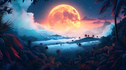 Wall Mural - a large orange moon is in the sky above a lush green forest. the moon is surrounded by a blue sky an