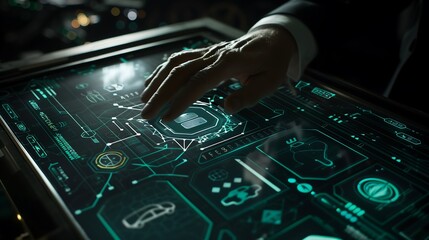 Poster - Close-up view of a professional's hands interacting with an AR display showing AI ethics icons, trust frameworks, and data security policies.