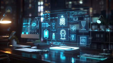 Fototapete - holographic ai ethics dashboard with legal icons, compliance stamps, and interconnected ai regulatio