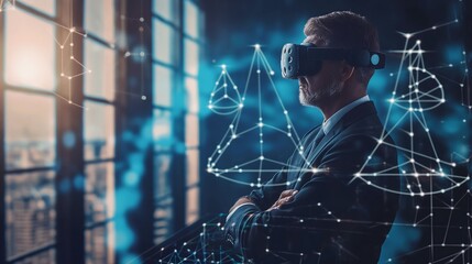 Poster - Business executive using AR glasses to view AI laws, ethical responsibilities, and virtual icons for AI regulation standards in real-time.