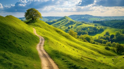 Wall Mural - Serene Countryside Path Winding Through Rolling Green Hills