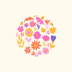 Fototapete - Square minimalist card with bright abstract flowers in a round shape