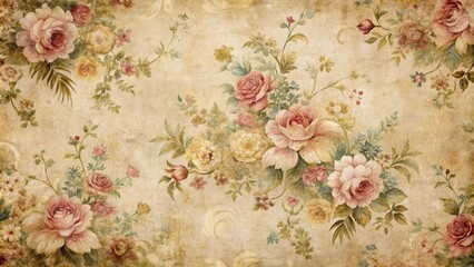 Wall Mural - Vintage floral wallpaper with distressed textures and faded colors, retro, antique, background, abstract, design, texture