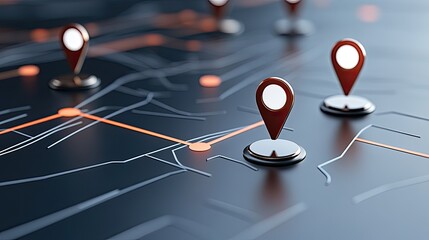 Poster - Top-view perspective showcasing buildings marked with red location pins, symbolizing a global network for navigation and travel