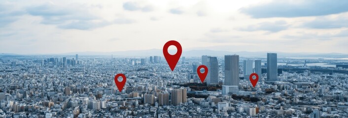 Poster - Top-view perspective showcasing buildings marked with red location pins, symbolizing a global network for navigation and travel.