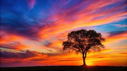 Wall Mural - Silhouette of a tree against a colorful sunset sky, nature, landscape, silhouette, outline, tree, sunset, sky, colorful