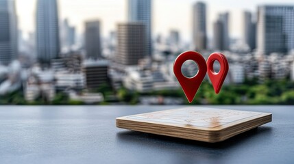 Poster - Top-view perspective showcasing buildings marked with red location pins, symbolizing a global network for navigation and travel