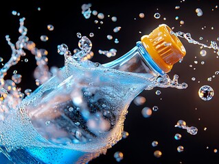 Wall Mural - A bottle of water with a yellow cap splashing out of it