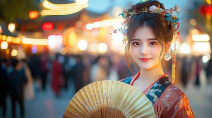 Wall Mural - At night, a young woman wearing classical clothing and holding a fan