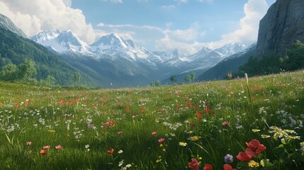 Wall Mural - Alpine Meadow Wildflowers Blooming Before Snowy Mountains