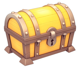 Poster - 3D cartoon treasure chest icon with flat view, featuring yellow wooden design, metallic accents, and central lock, isolated on transparency background