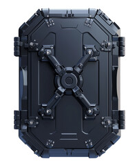 Poster - 3D rendered metallic vault door with intricate details, bolts, and futuristic design, isolated on transparency background. flat view highlights its robust and secure structure