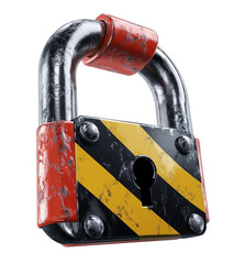 Poster - 3D rendered metallic padlock with weathered texture, featuring red accents and yellow and black striped warning design, isolated on transparency background