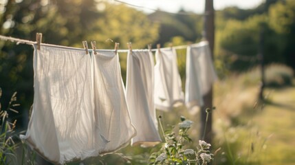 Poster - Freshly washed linen drying on a clothesline in a sunny garden during a summer afternoon. Generative AI