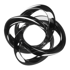 Poster - sleek 3D metallic abstract shape with interlocking loops, high contrast black and white tones, and glossy reflective surface, evoking futuristic and modern aesthetic