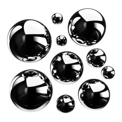 Poster - Glossy metallic spheres with high contrast black and white finish, floating against transparent background, showcasing futuristic Y2K inspired design