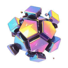 Poster - 3D metallic abstract shape with holographic colors, featuring interconnected geometric forms and futuristic Y2K aesthetic, viewed from flat perspective