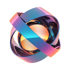 Poster - vibrant 3D metallic sphere with holographic colors, featuring interlocking Y2K inspired shapes and futuristic design, viewed from flat perspective