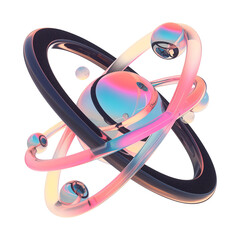 Poster - futuristic 3D metallic abstract shape with holographic colors, featuring interconnected rings and spheres in flat view, evoking Y2K inspired aesthetic