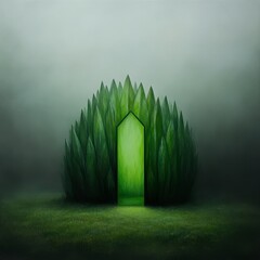 Canvas Print - Green door hidden in foliage, mystical scene.