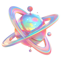 Poster - vibrant 3D metallic planet with holographic colors, surrounded by glowing rings and floating spheres, showcasing futuristic Y2K aesthetic in flat view