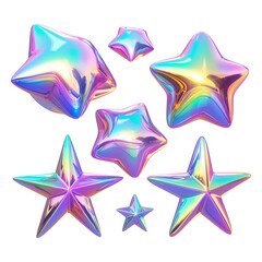 Poster - Holographic metallic star shapes in vibrant Y2K inspired colors, featuring glossy and reflective surface with flat view arrangement