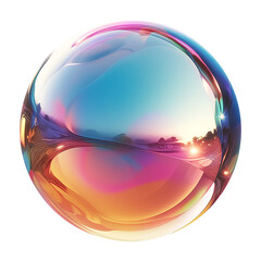 Poster - vibrant 3D metallic sphere with holographic colors, reflecting dreamy sunset and abstract shapes, creating futuristic and artistic aesthetic