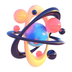 Poster - vibrant 3D abstract composition featuring metallic Y2K inspired shapes, colorful spheres, and dynamic orbital rings in gradient hues of blue, pink, and yellow, isolated on transparency background
