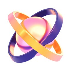 Poster - vibrant 3D metallic sphere with intersecting yellow and purple rings, showcasing futuristic Y2K inspired design and glossy metallic colors on transparency background