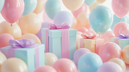 Wall Mural - Pastel gift boxes and balloons, birthday party, holidays background