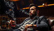 © Frame Pure - Thoughtful looking male relaxing after work. Man leisure with alcohol and vape in private club, bad habits. Luxury life with whiskey and smoking, dark place background isolated . Shades of white.