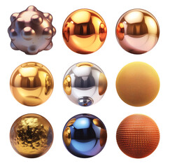 Poster - collection of nine metallic spheres with unique textures and reflective surfaces, showcasing variety of metallic colors and futuristic designs in flat, isolated view