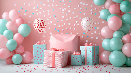 Wall Mural - gift boxes and balloons, birthday party, holidays background